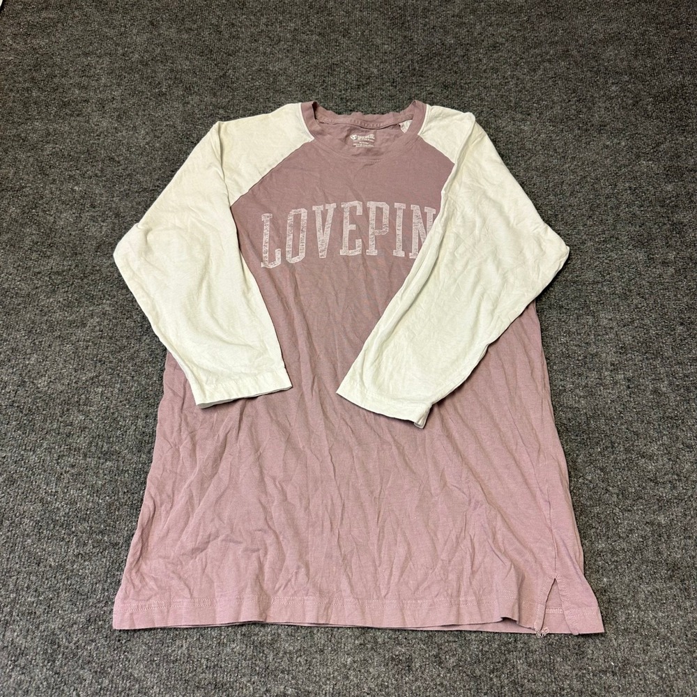 PINK Baseball Tee Womens Size M Purple Cream Raglan Long Sleeve Distressed Logo